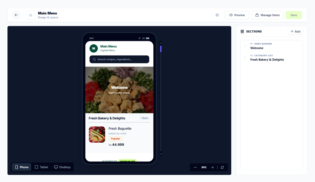 ServeScan Digital Menu Layout Builder